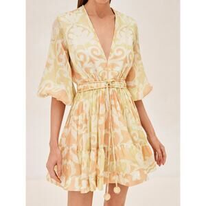 Alexis Capri Mini Dress **READ‎ Yellow V-Neck Tiered 3/4 Sleeve Sz L